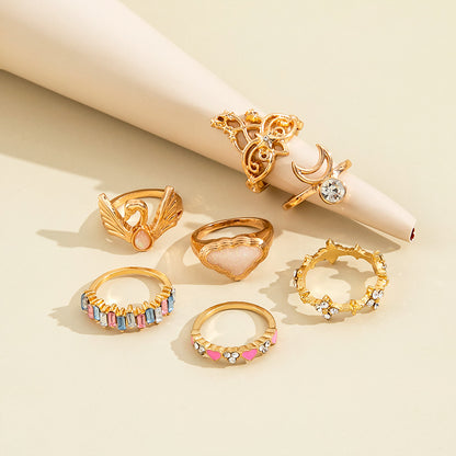 Fashion Personality Moon Diamond Love Drip Oil Ring Seven-piece Set