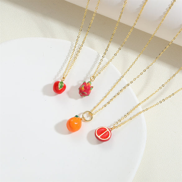 Independent station popular tropical fruit retro high-grade texture pendant copper plated 14K real gold personality exquisite O-word necklace