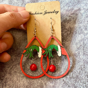1 Pair Cute Christmas Tree Water Droplets Hollow Out Wood Turquoise Drop Earrings