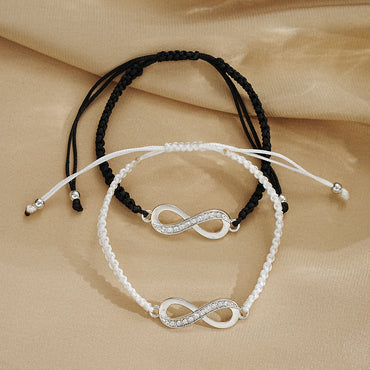 Cross-border hot-selling fashion weaving adjustable diamond-encrusted figure 8 lucky bracelet black and white couple girlfriend bracelet 2-piece set