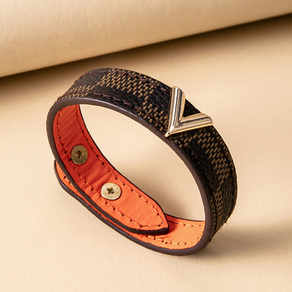 Simple Style V Shape Letter Lattice Pu Leather Wholesale Wristband