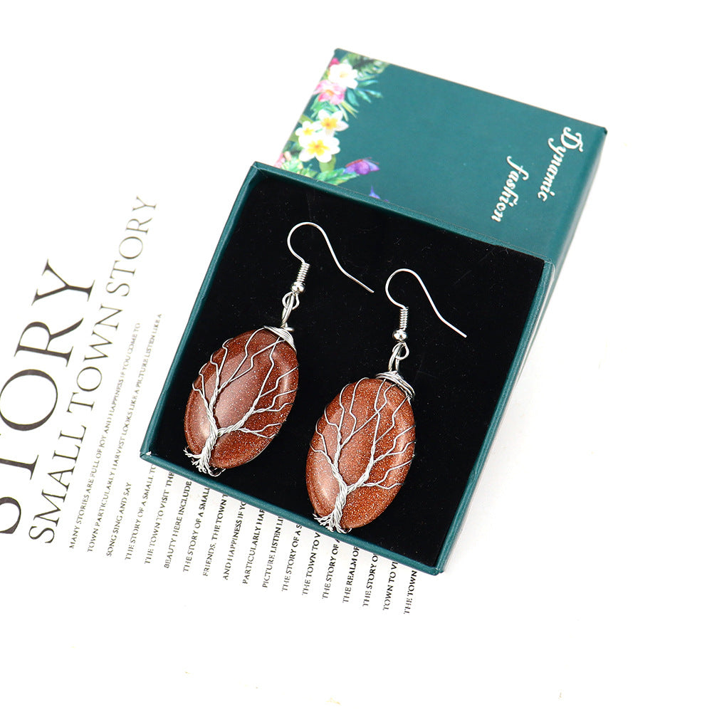 1 Pair Ethnic Style Tree Oval Alloy Natural Stone Handmade Drop Earrings