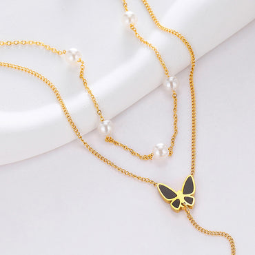 Titanium Steel IG Style Butterfly Plating Inlay Artificial Pearls Double Layer Necklaces