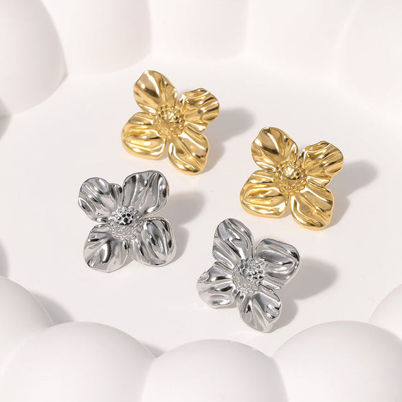 Minimalist Checkered Heart Pleated Geometric Flower Stainless Steel Electroplating Stud Earrings