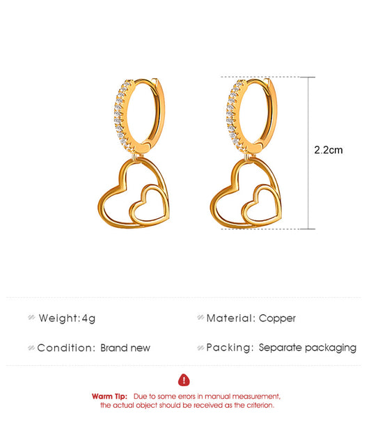 Korean Simple Copper Inlaid Zircon Heart Earrings