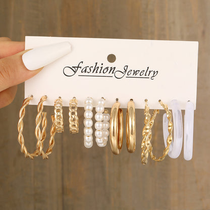Cross-border new hot sale fashion retro temperament C-type gold circle resin pearl earrings 6-piece set