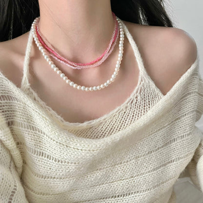Wholesale Jewelry Sweet Color Block Artificial Pearl Layered Necklaces