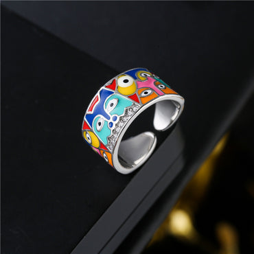 Aogu Cross-border Supply European And American Fashion New Real Gold Electroplating Dripping Eyes Portrait Open-end Zircon Ring