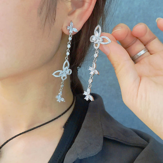 Butterfly Tassel Earrings Long Asymmetrical Full Diamond Earrings