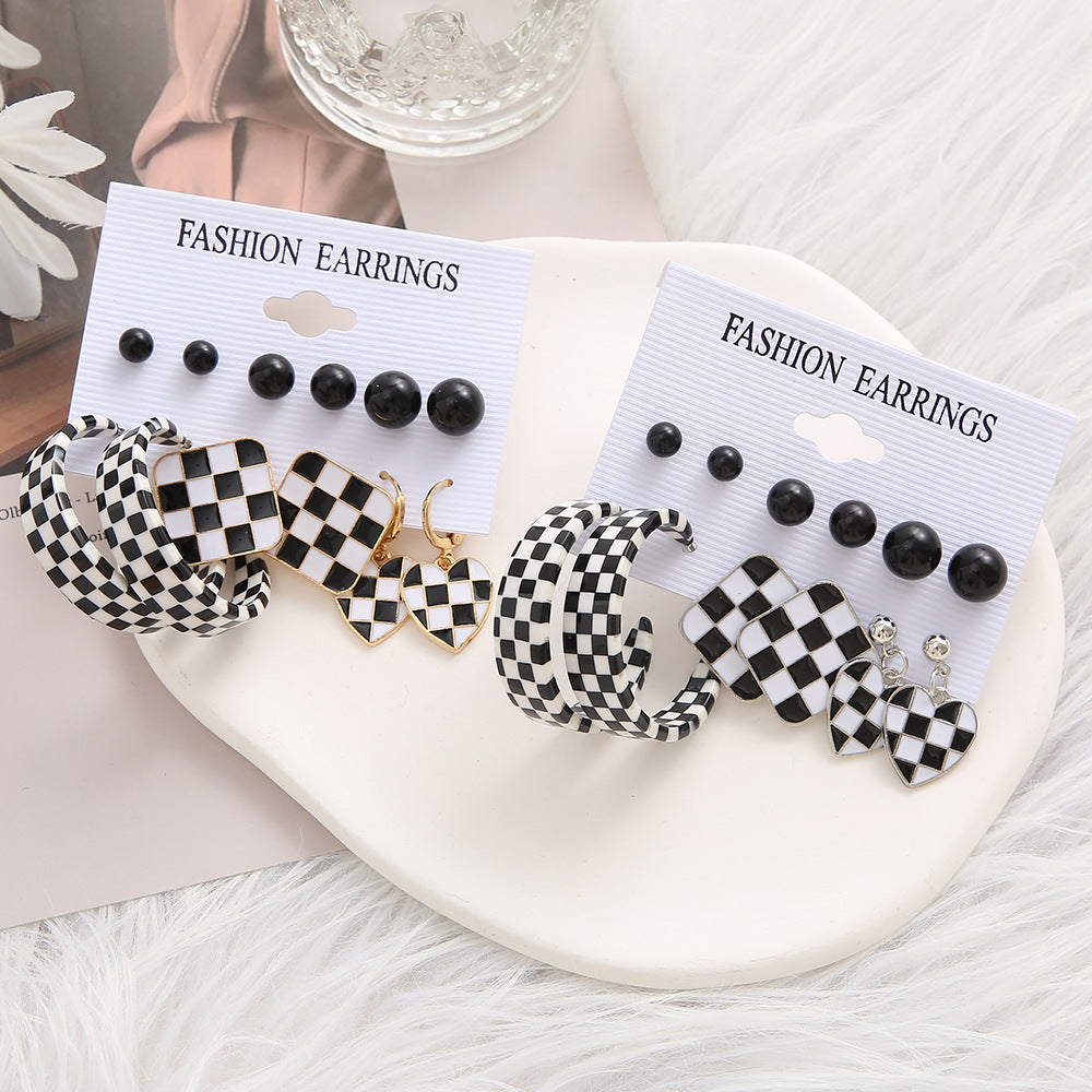 Women's Checkerboard Plaid Pearl Pendant Silver Earrings 5-piece Set