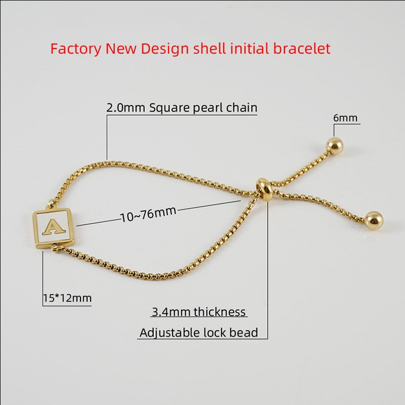 Wholesale titanium steel natural shell 26 letter pull bracelet women's cross-border stainless steel square 18K gold adjustable bracelet