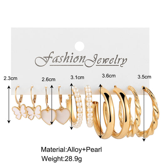 Fashion Butterfly Heart Inlaid Pearl Earrings 5 Pairs Set Wholesale