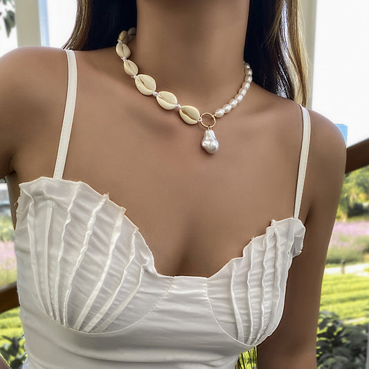 European and American cross-border jewelry Summer creative shell imitation pearl necklace women's simple special-shaped versatile pendant necklace