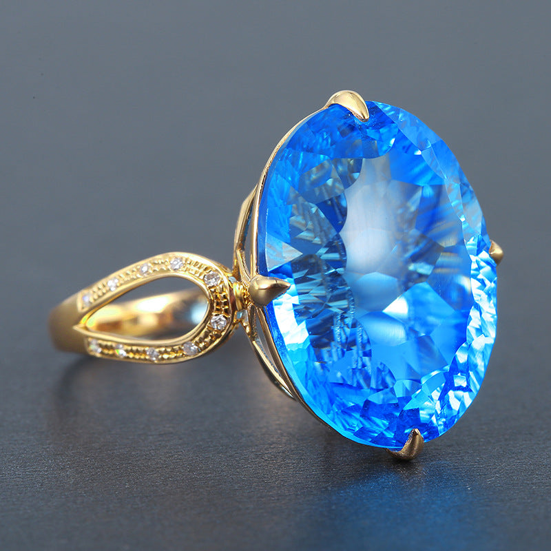 Dove Egg Color Treasure Open Ring Imitating Swiss Blue Oval Natural Topaz Copper Ring