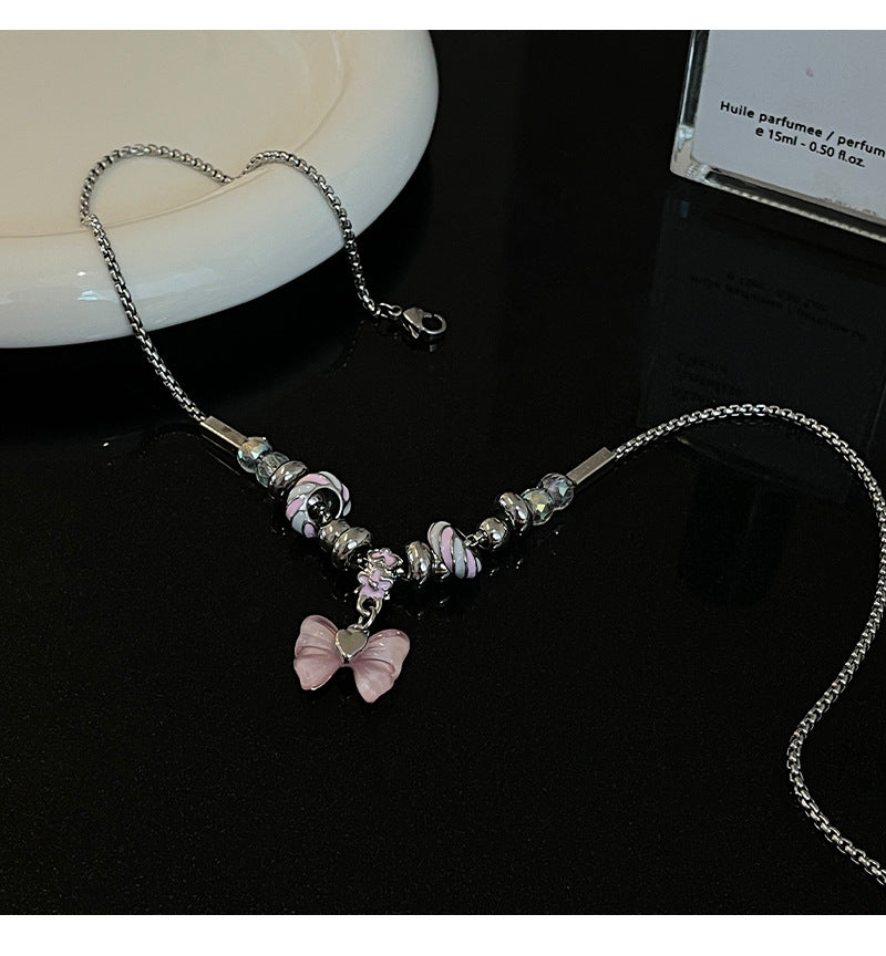 Pink Bow Beaded Thread Necklace For Women 2023 New Summer Sweet Cool Hot Girl Y2g Pendant Clavicle Chain