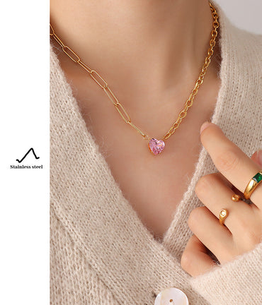 Korean New Trendy Pink Zircon Inlaid Heart Pendant Titanium Steel Necklace