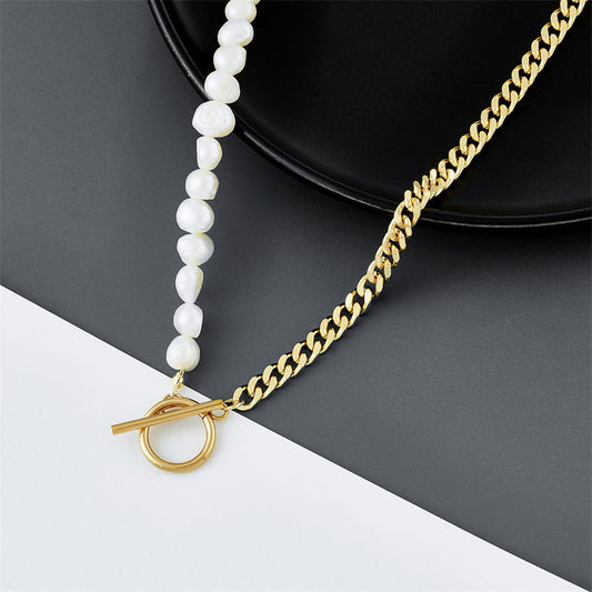 Amazon New Special-shaped Baroque Freshwater Pearl Spliced Cuban Chain Necklace European and American hot-selling OT clasp necklace