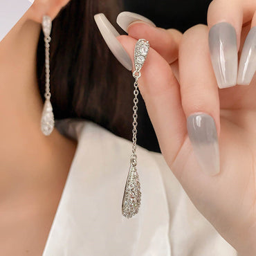 S925 silver needle Korean water drop zircon chain tassel earrings temperament light luxury high-end earrings are niche trendy