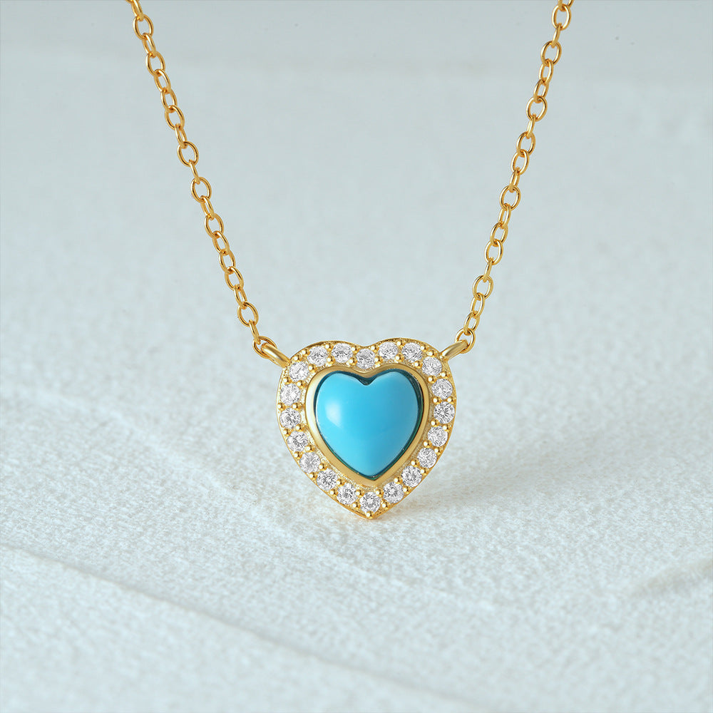 Sterling Silver Simple Style Heart Shape Plating Inlay Turquoise Zircon Necklace
