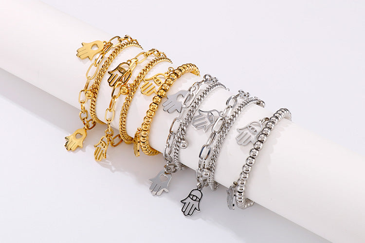 Fashion Popular Stainless Steel Double Palm Gold Pendant Beads Bracelet Jewelry