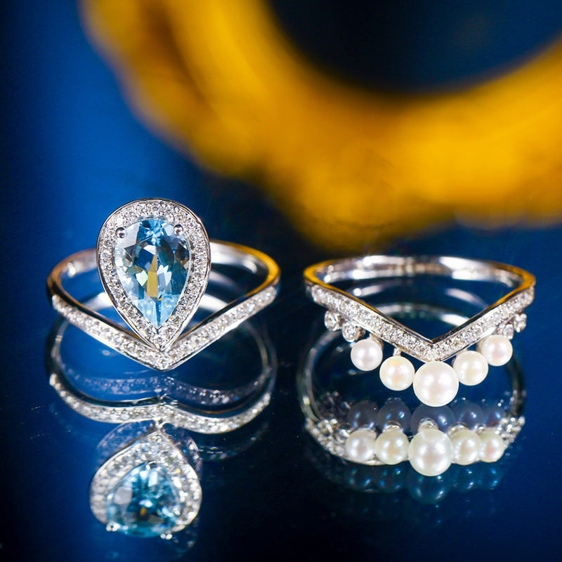 Tik Tok Live Stream Popular Imitation Natural Aquamarine Crown Diamond Ring Advanced Design Pearl Colored Gems Stacked Ring Female