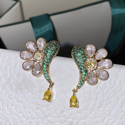 Petal Flower Fish-shaped Earrings Full Diamond Luxury Plated 925 Silver Needle Daisy Earrings