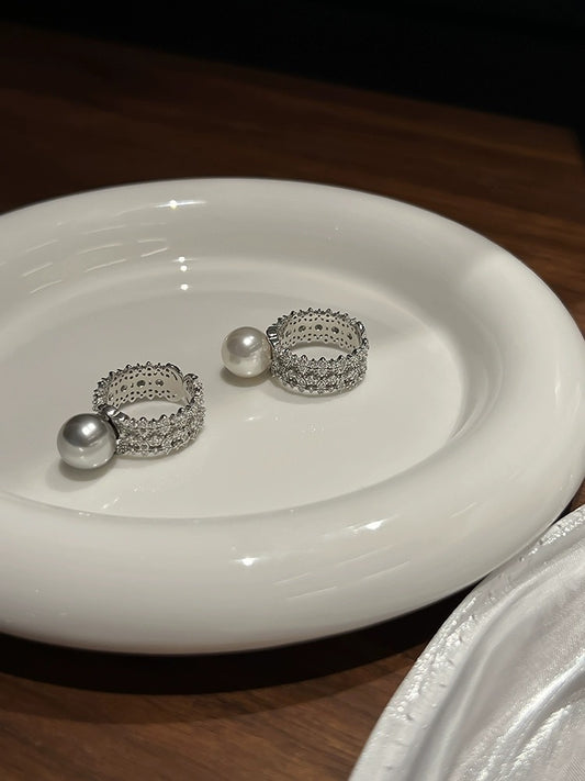 Elegant Basic Geometric Sterling Silver Inlay Pearl Open Rings