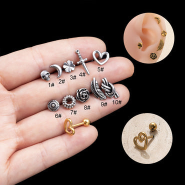 1 Piece Retro Four Leaf Clover Moon Heart Shape Plating Stainless Steel Ear Studs