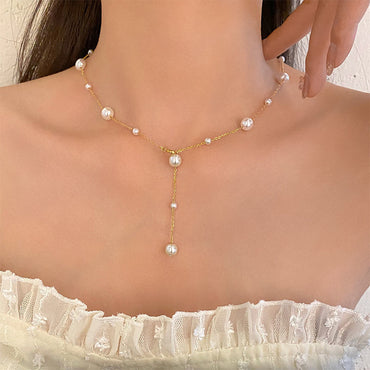 Elegant Geometric Titanium Steel Tassel Artificial Pearls Necklace
