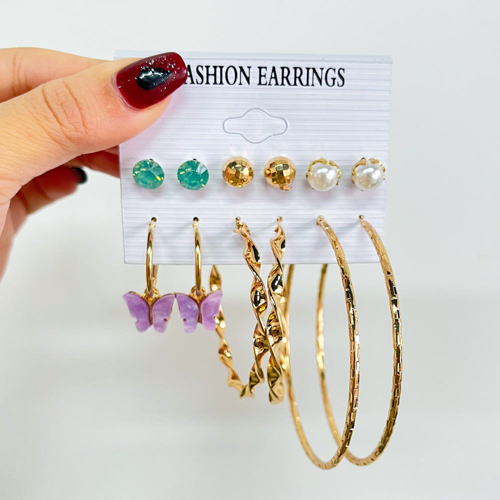 Fashion Butterfly Inlaid Pearl Alloy Geometric Hoop Earrings Six-piece Set