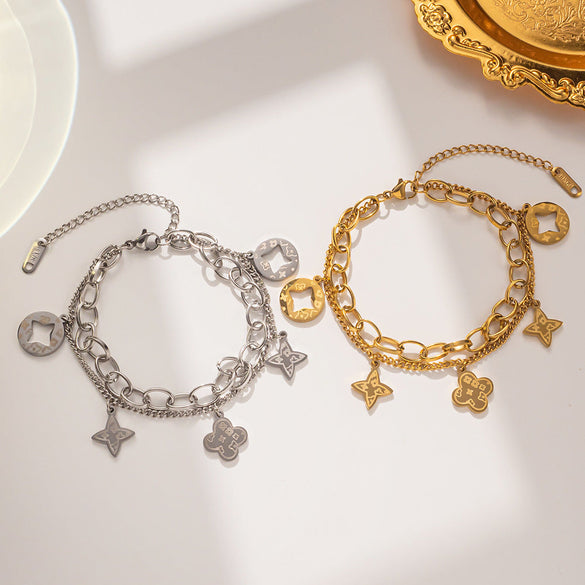 Women Letter Number Leaf Titanium Steel 18K Gold Plated Bracelets