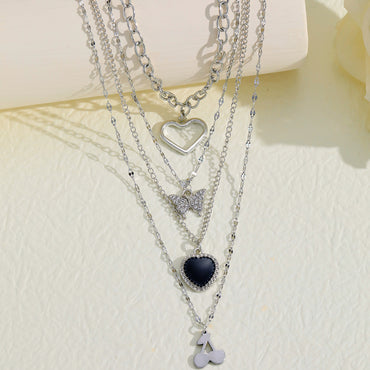 European and American fashion temperament versatile sweet cool ins style silver diamond butterfly love cherry necklace 4-piece set