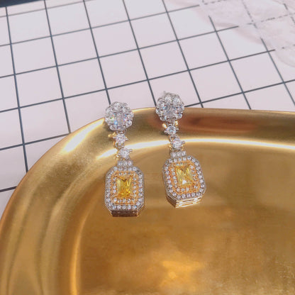New Micro-inlaid Yellow Square Diamond Earrings Ear Jewelry