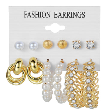 Retro Round Alloy Plating Artificial Pearls Women's Earrings Ear Studs 6-piece Set