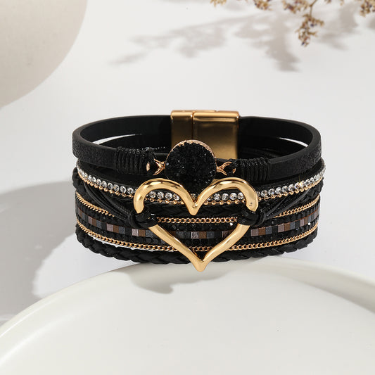 Elegant Classic Style Heart Shape Pu Leather Inlay Rhinestones Women's Bracelets