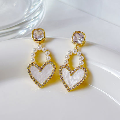 1 Pair Simple Style Heart Shape Inlay Copper Pearl Zircon Drop Earrings