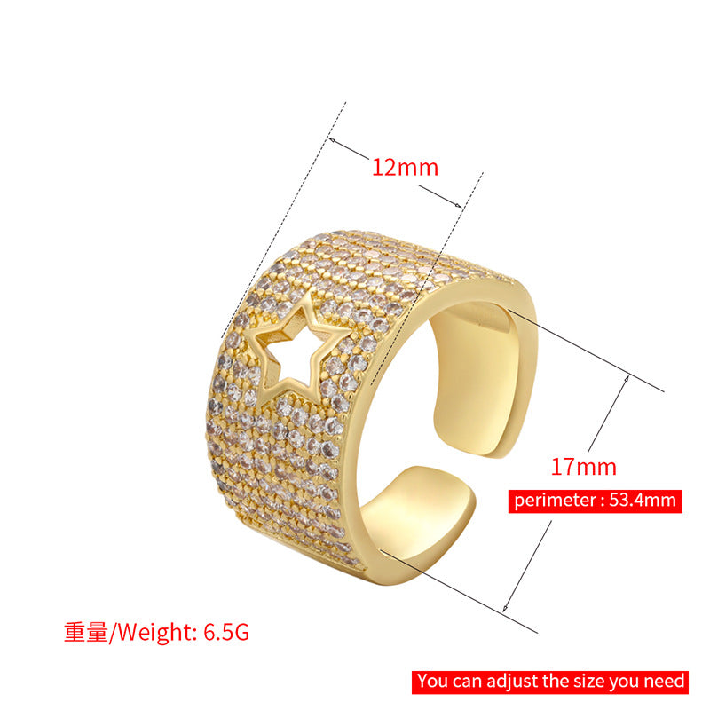 Wholesale Inlaid Zircon Star Heart Opening Adjustable Wide Face Thick Ring Nihaojewelry