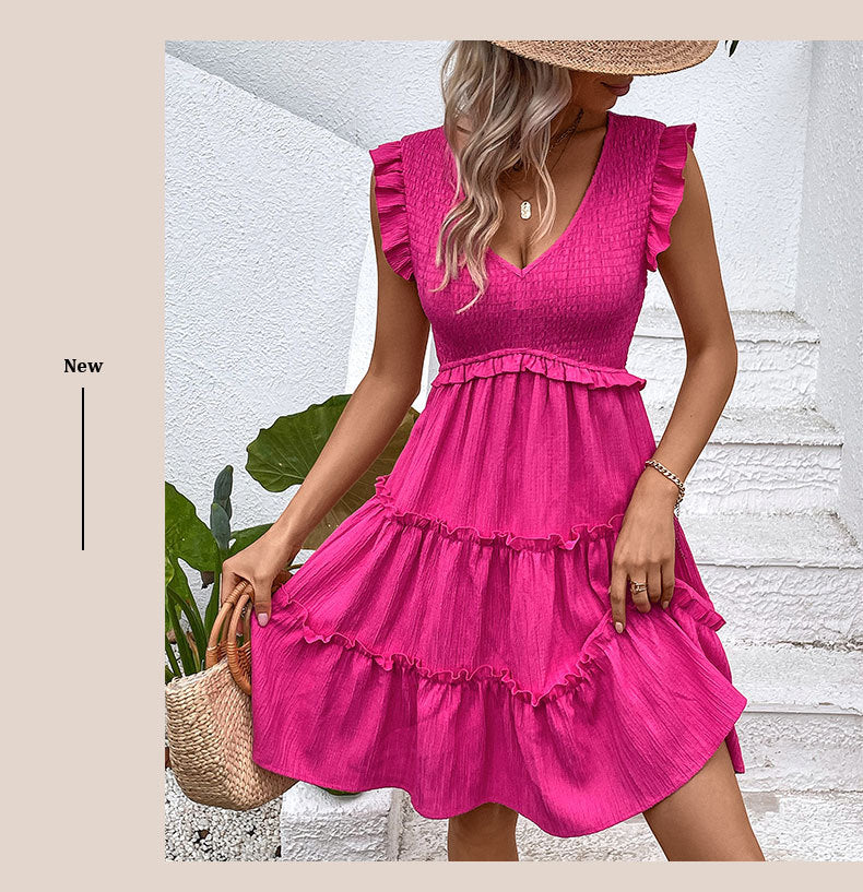Women's Regular Dress Elegant V Neck Ruffles Sleeveless Solid Color Knee-length Street