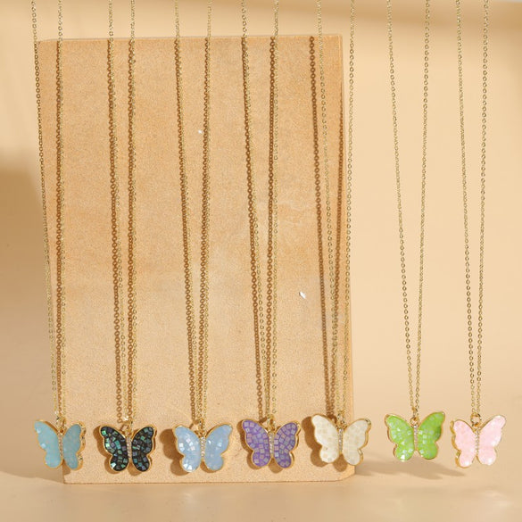 Copper Plated 14K Real Gold Color Dripping Oil Butterfly Pendant Necklace Women's Ins Personalized Design Shell Zircon Clavicle Chain