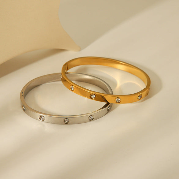 IG Style Inlay Round Stainless Steel Zircon PVD 18K Gold Bangle
