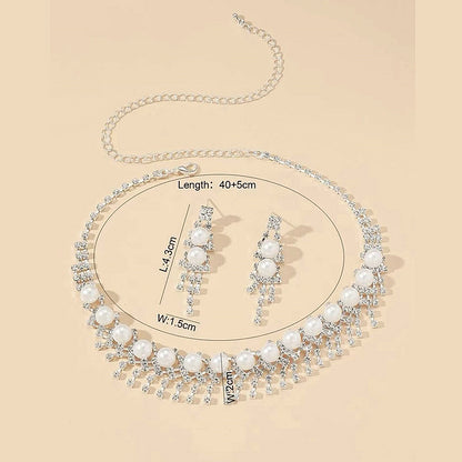 1 Set Fashion Tassel Imitation Pearl Rhinestone Women's Earrings Necklace