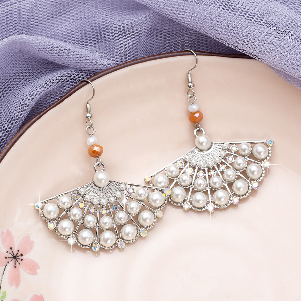 1 Pair Casual Ethnic Style Sector Hollow Out Inlay Alloy Artificial Pearls Rhinestones Drop Earrings