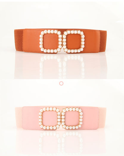 Sweet Solid Color Pu Leather Artificial Pearls Women's Leather Belts