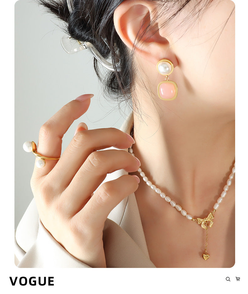Elegant Round Square Titanium Steel Plating Artificial Pearls Drop Earrings 1 Pair