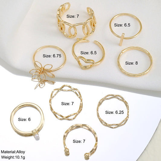 European and American fashion new wave flower gold cross ring 9 piece set of open multi-joint ring set