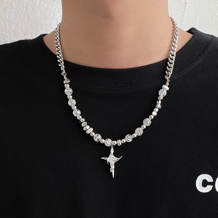 [wanhua Ice Mirror] Niche Irregular Cross Necklace Ice Crack Beads Titanium Steel Stitching Men And Women Trendy High-grade Fashion
