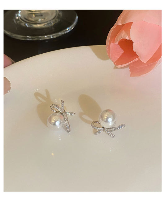 1 Pair Sweet Bow Knot Inlay Sterling Silver Zircon Ear Studs