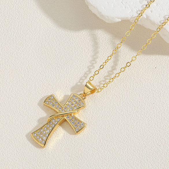 Cross-border hot-selling wild retro color zircon cross pendant necklace women's personalized design O-word chain clavicle chain