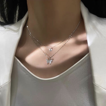 Double-layer Butterfly Diamond Pendant Necklace
