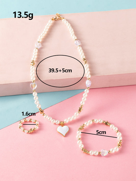 New Fashion Cute Heart Pendant Pearl Bead Necklace Ring Bracelet Children's Jewelry 3-piece Set